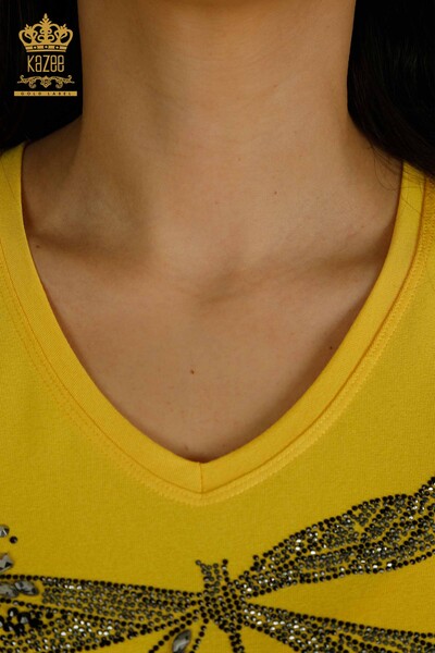 Bluză de damă cu ridicata cu piatră brodat galben - 79362 | KAZEE - Thumbnail