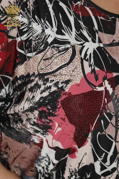 Bluză de damă cu ridicata cu piatră brodata neagră - 12060 | KAZEE - Thumbnail