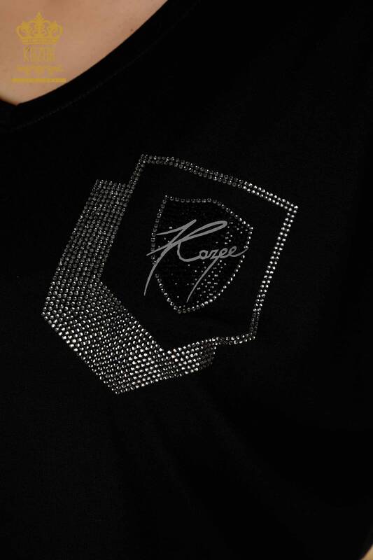 Bluză de damă cu ridicata cu piatră brodata neagră - 77487 | KAZEE