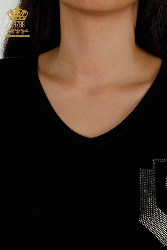 Bluză de damă cu ridicata cu piatră brodata neagră - 77487 | KAZEE