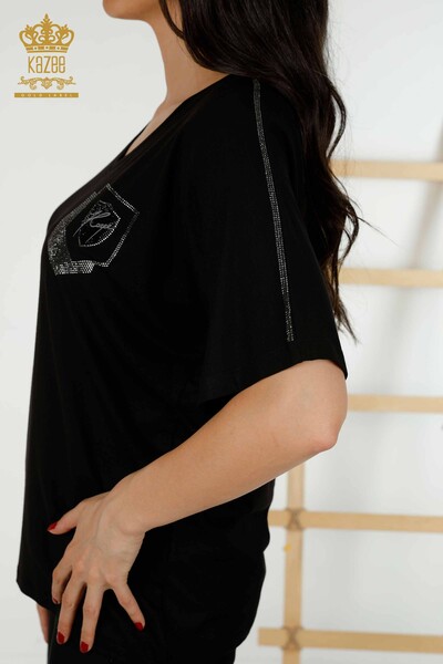 Bluză de damă cu ridicata cu piatră brodata neagră - 77487 | KAZEE - Thumbnail