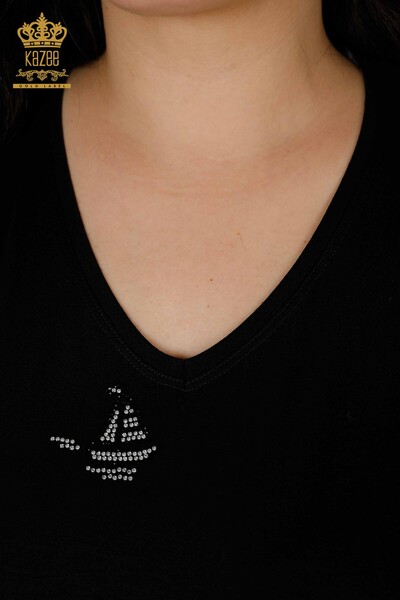 Bluză de damă cu ridicata cu piatră brodata neagră - 78936 | KAZEE - Thumbnail