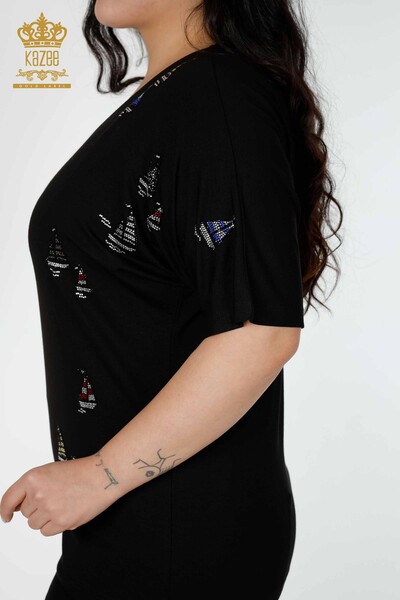 Bluză de damă cu ridicata cu piatră brodata neagră - 78936 | KAZEE - Thumbnail