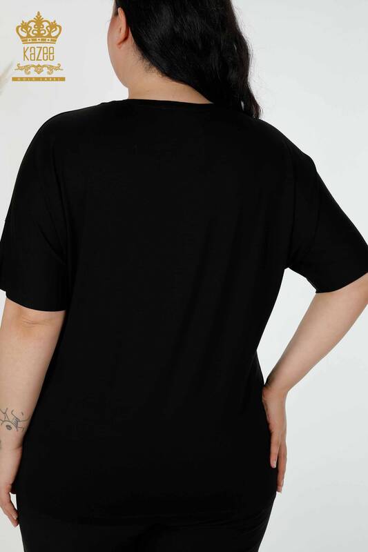 Bluză de damă cu ridicata cu piatră brodata neagră - 78936 | KAZEE