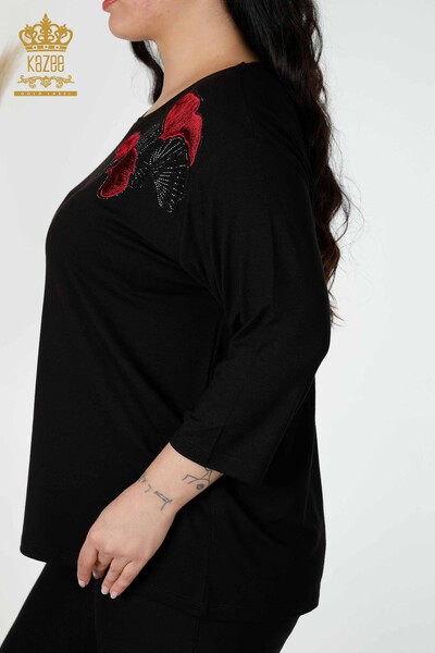 Bluză de damă cu ridicata cu piatră brodata neagră - 78952 | KAZEE - Thumbnail