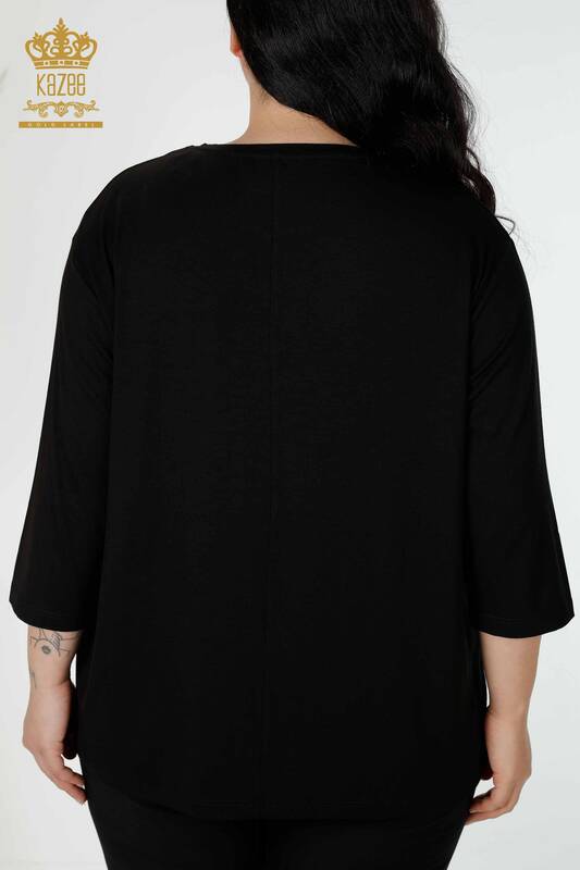 Bluză de damă cu ridicata cu piatră brodata neagră - 78952 | KAZEE