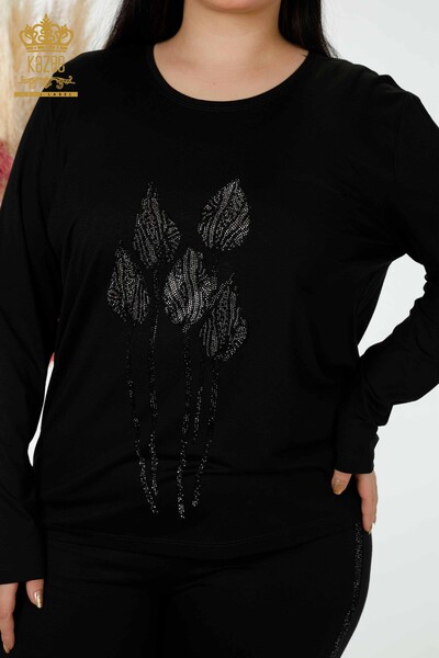 Bluză de damă cu ridicata cu piatră brodata neagră - 79041 | KAZEE - Thumbnail