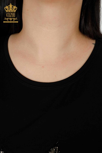 Bluză de damă cu ridicata cu piatră brodata neagră - 79041 | KAZEE - Thumbnail