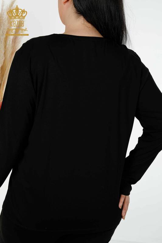 Bluză de damă cu ridicata cu piatră brodata neagră - 79041 | KAZEE