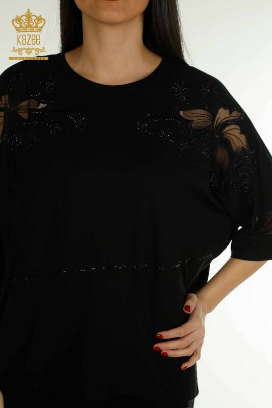 Bluză de damă cu ridicata cu piatră brodata neagră - 79057 | KAZEE