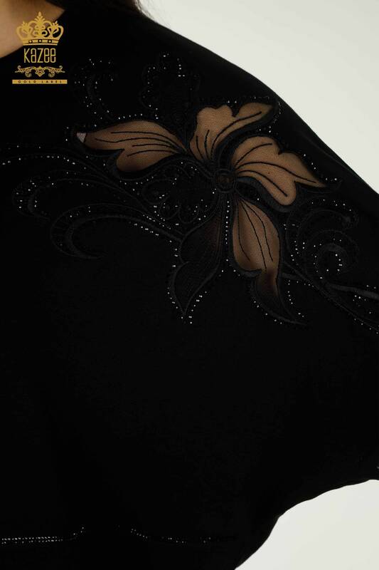 Bluză de damă cu ridicata cu piatră brodata neagră - 79057 | KAZEE