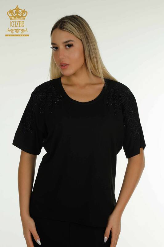 Bluză de damă cu ridicata cu piatră brodata neagră - 79097 | KAZEE