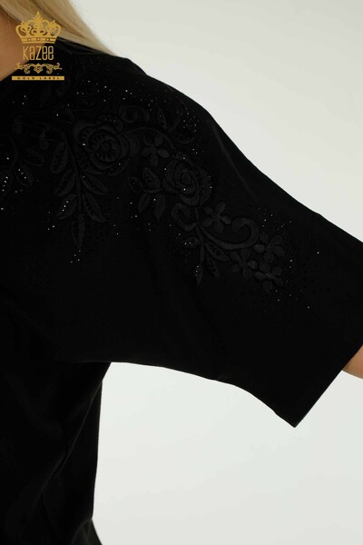 Bluză de damă cu ridicata cu piatră brodata neagră - 79097 | KAZEE - Thumbnail