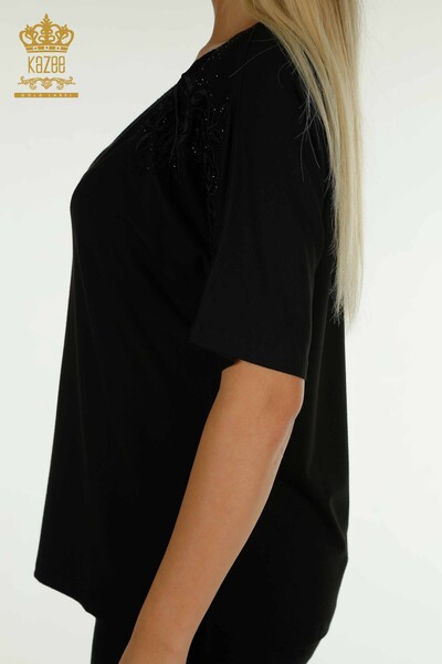 Bluză de damă cu ridicata cu piatră brodata neagră - 79097 | KAZEE - Thumbnail