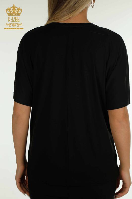 Bluză de damă cu ridicata cu piatră brodata neagră - 79097 | KAZEE