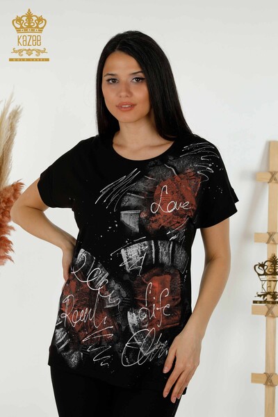 Bluză de damă cu ridicata cu piatră brodata neagră - 79115 | KAZEE - Thumbnail