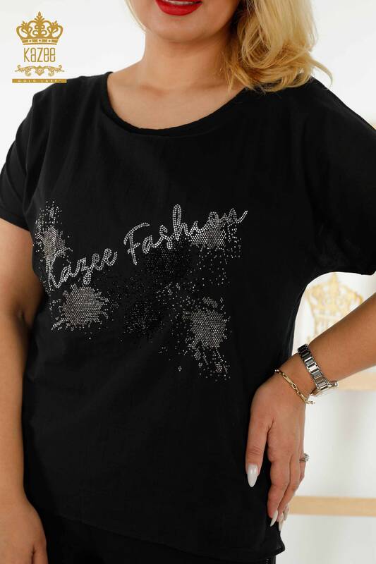 Bluză de damă cu ridicata cu piatră brodata neagră - 79166 | KAZEE