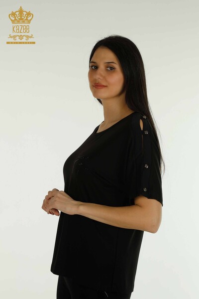 Bluză de damă cu ridicata cu piatră brodata neagră - 79221 | KAZEE - Thumbnail