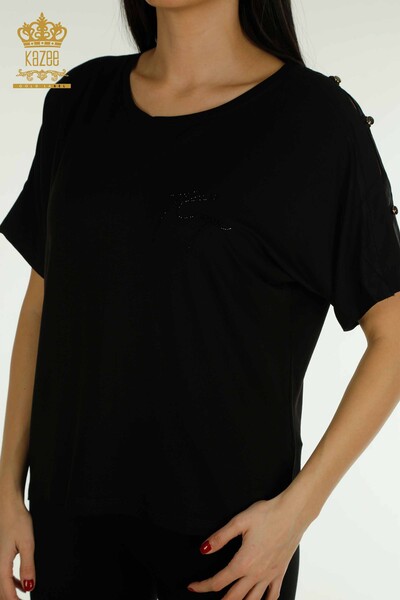Bluză de damă cu ridicata cu piatră brodata neagră - 79221 | KAZEE - Thumbnail