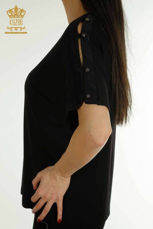 Bluză de damă cu ridicata cu piatră brodata neagră - 79221 | KAZEE