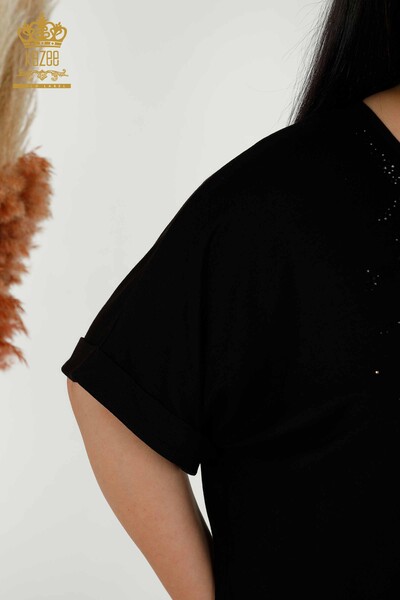 Bluză de damă cu ridicata cu piatră brodata neagră - 79321 | KAZEE - Thumbnail