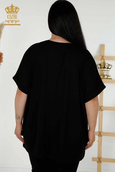 Bluză de damă cu ridicata cu piatră brodata neagră - 79321 | KAZEE - Thumbnail