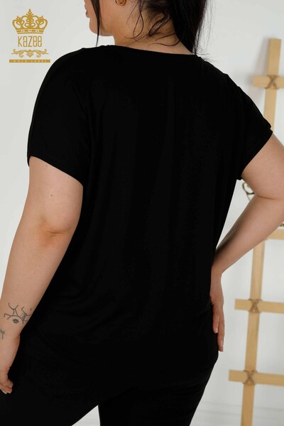Bluză de damă cu ridicata cu piatră brodata neagră - 79336 | KAZEE - Thumbnail