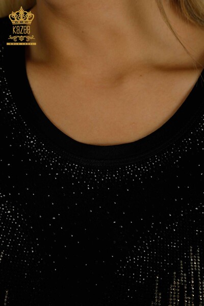Bluză de damă cu ridicata cu piatră brodata neagră - 79348 | KAZEE - Thumbnail