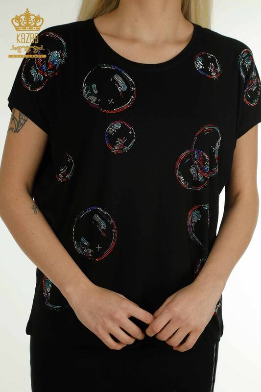 Bluză de damă cu ridicata - Piatră brodată - neagră - 79359 | KAZEE