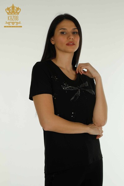 Bluză de damă cu ridicata cu piatră brodata neagră - 79362 | KAZEE - Thumbnail