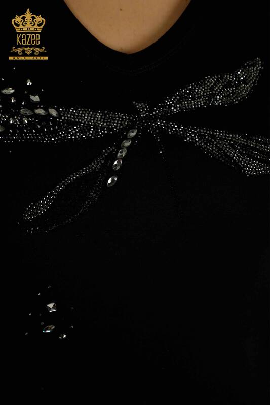 Bluză de damă cu ridicata cu piatră brodata neagră - 79362 | KAZEE