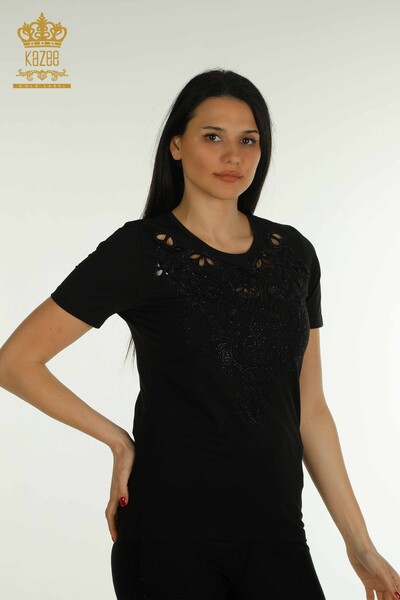 Bluză de damă cu ridicata - brodată cu piatră - neagră - 79468 | KAZEE - Thumbnail