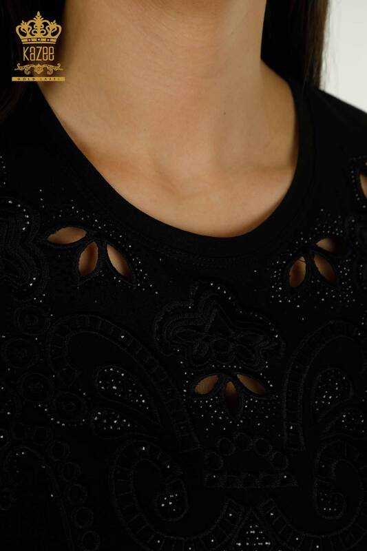 Bluză de damă cu ridicata - brodată cu piatră - neagră - 79468 | KAZEE
