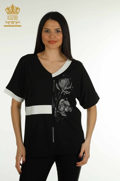 Bluză de damă cu ridicata - brodată cu piatră - neagră - 79495 | KAZEE - Thumbnail