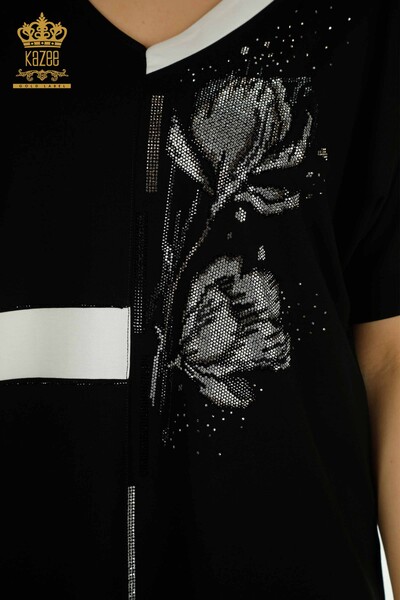 Bluză de damă cu ridicata - brodată cu piatră - neagră - 79495 | KAZEE - Thumbnail (2)