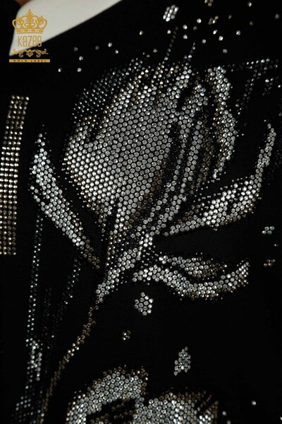 Bluză de damă cu ridicata - brodată cu piatră - neagră - 79495 | KAZEE - Thumbnail