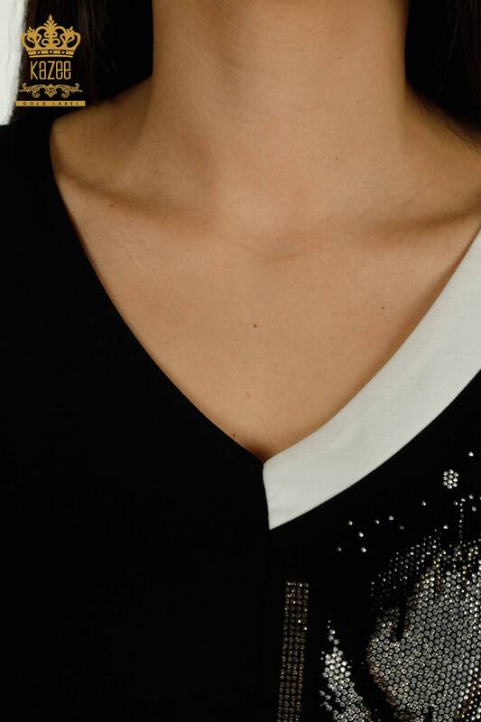 Bluză de damă cu ridicata - brodată cu piatră - neagră - 79495 | KAZEE