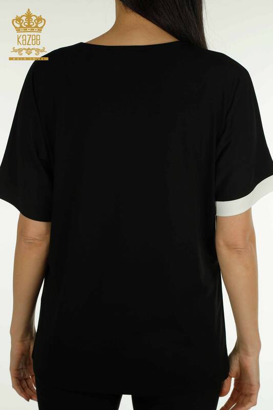 Bluză de damă cu ridicata - brodată cu piatră - neagră - 79495 | KAZEE