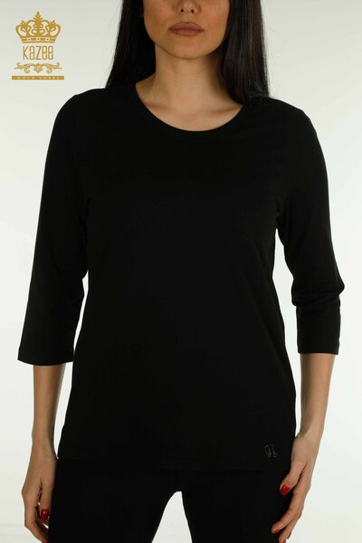 Bluză de damă cu ridicata - brodată cu piatră - neagră - 79565 | KAZEE - Thumbnail
