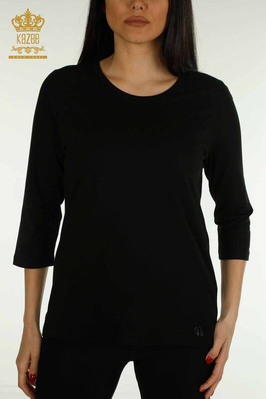 Bluză de damă cu ridicata - brodată cu piatră - neagră - 79565 | KAZEE