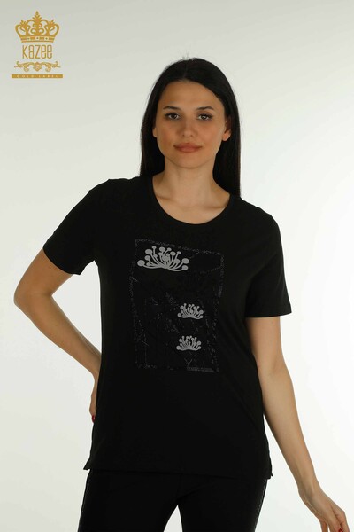 Bluză de damă cu ridicata - brodată cu piatră - neagră - 79863 | KAZEE - Thumbnail