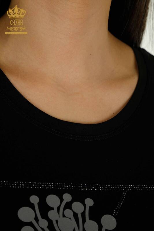 Bluză de damă cu ridicata - brodată cu piatră - neagră - 79863 | KAZEE
