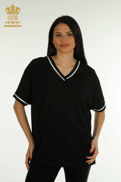 Kazee - Bluză de damă cu ridicata cu piatră brodata neagră - 79865 | KAZEE
