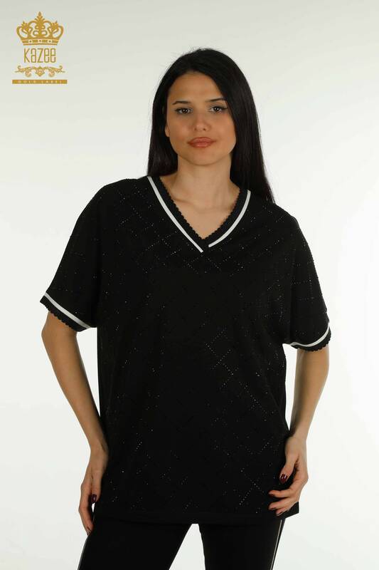 Bluză de damă cu ridicata cu piatră brodata neagră - 79865 | KAZEE