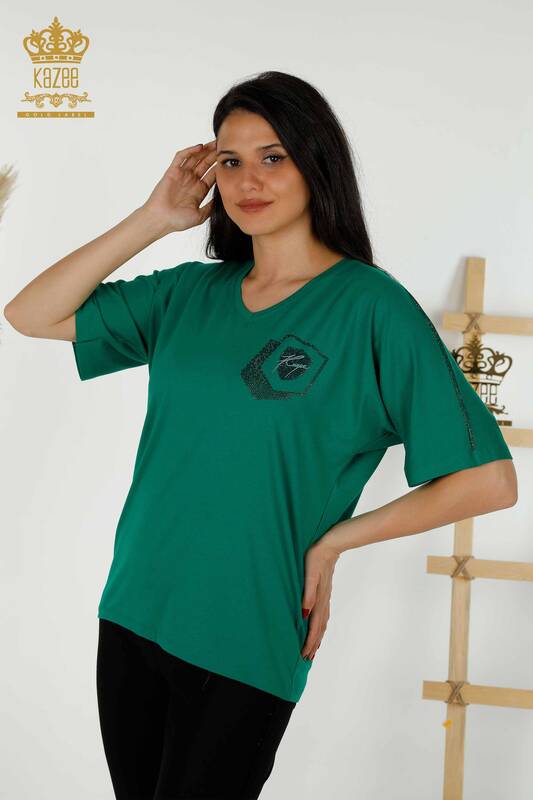 Bluză de damă cu ridicata verde brodat cu piatră - 77487 | KAZEE