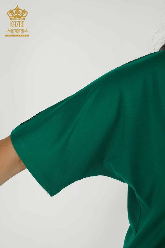 Bluză de damă cu ridicata verde brodat cu piatră - 77487 | KAZEE
