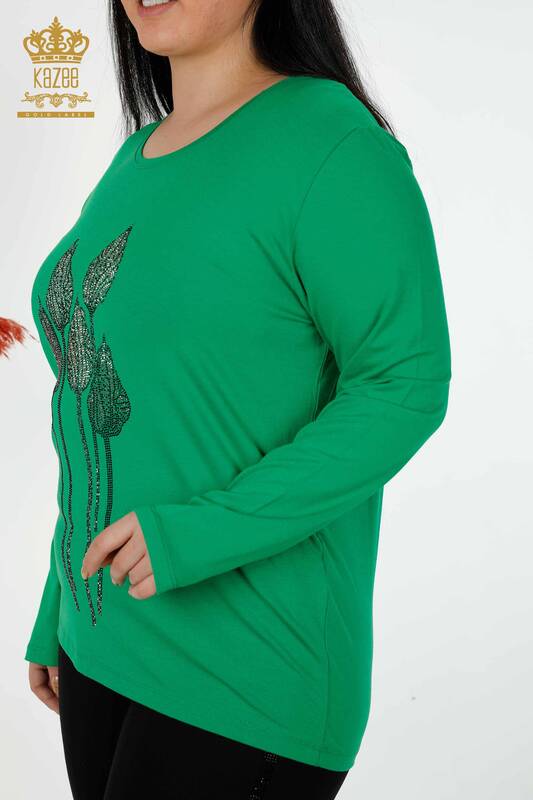 Bluză de damă cu ridicata verde brodat cu piatră - 79041 | KAZEE