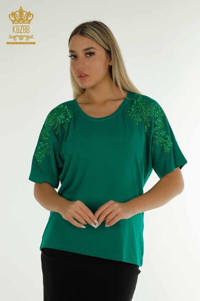 Bluză de damă cu ridicata verde brodat cu piatră - 79097 | KAZEE - Thumbnail