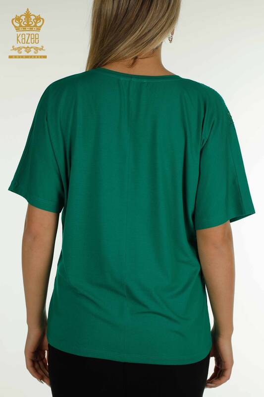 Bluză de damă cu ridicata verde brodat cu piatră - 79097 | KAZEE
