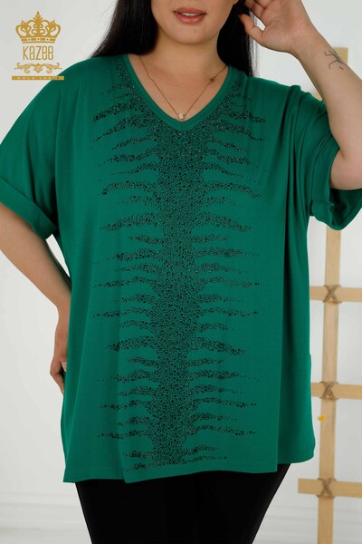 Bluză de damă cu ridicata verde brodat cu piatră - 79321 | KAZEE - Thumbnail